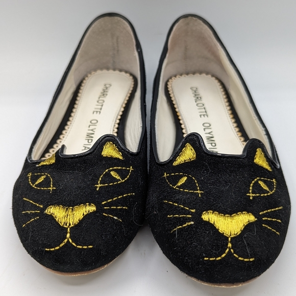 Charlotte Olympia 35 kitty black velvet and gold embroidery loafers - Picture 6 of 10
